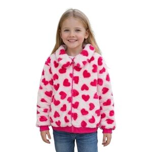 Max Studio White Plush Zip Jacket with Hot Pink Heart Print Size 7/8